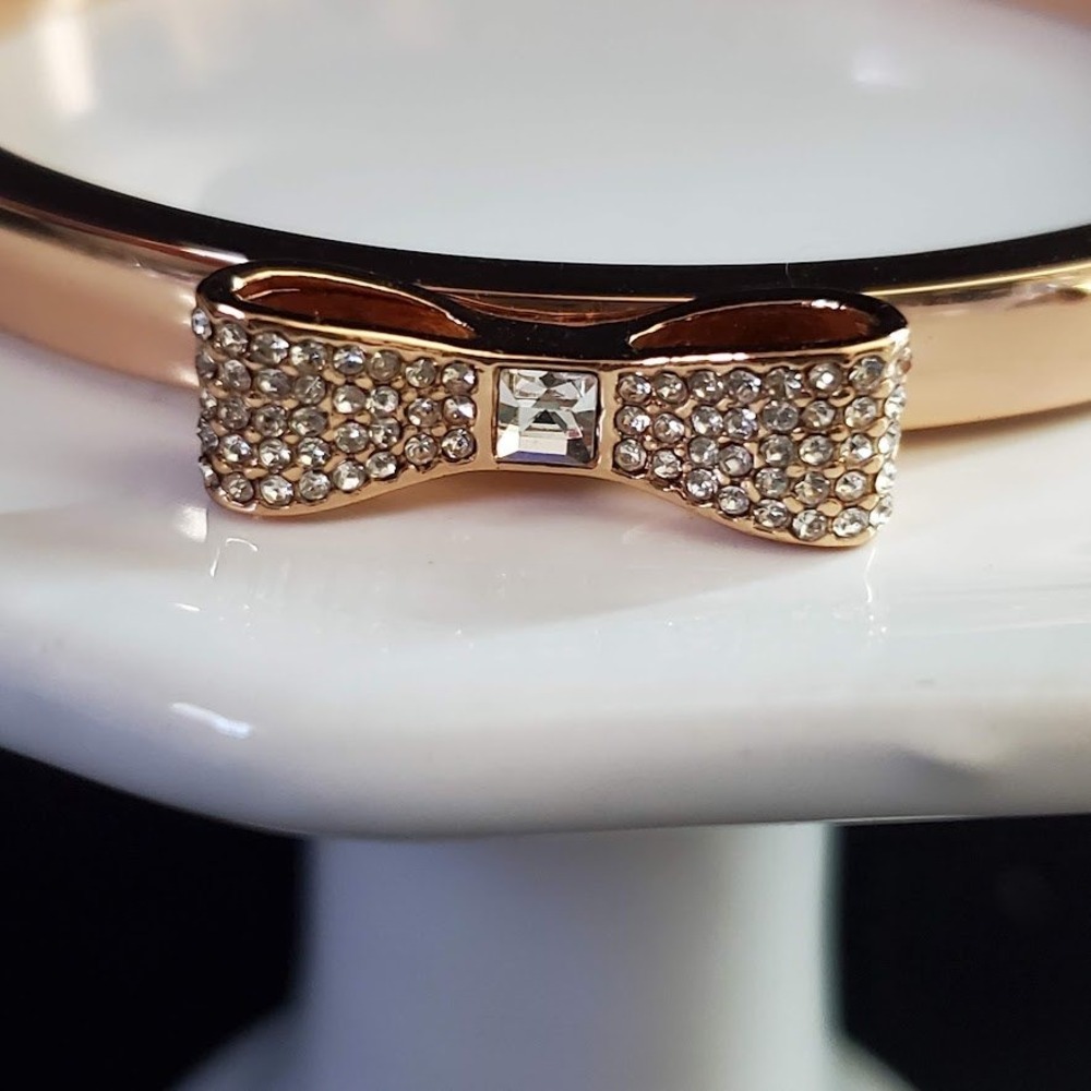 Kate Spade Ready Set Bow Hinged Bangle Bracelet Rose Gold with Pave Bow Signed - Picture 5 of 11